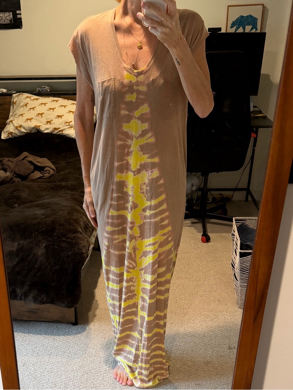 Raquel Allegra Taupe Maxi Dress with Yellow Tie-Dye Center